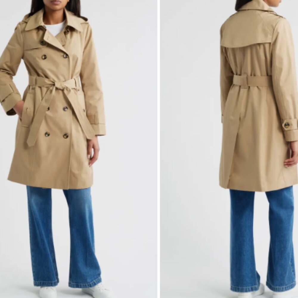 London Fog Tan Trench Coat with Classic Water-Resistant Design